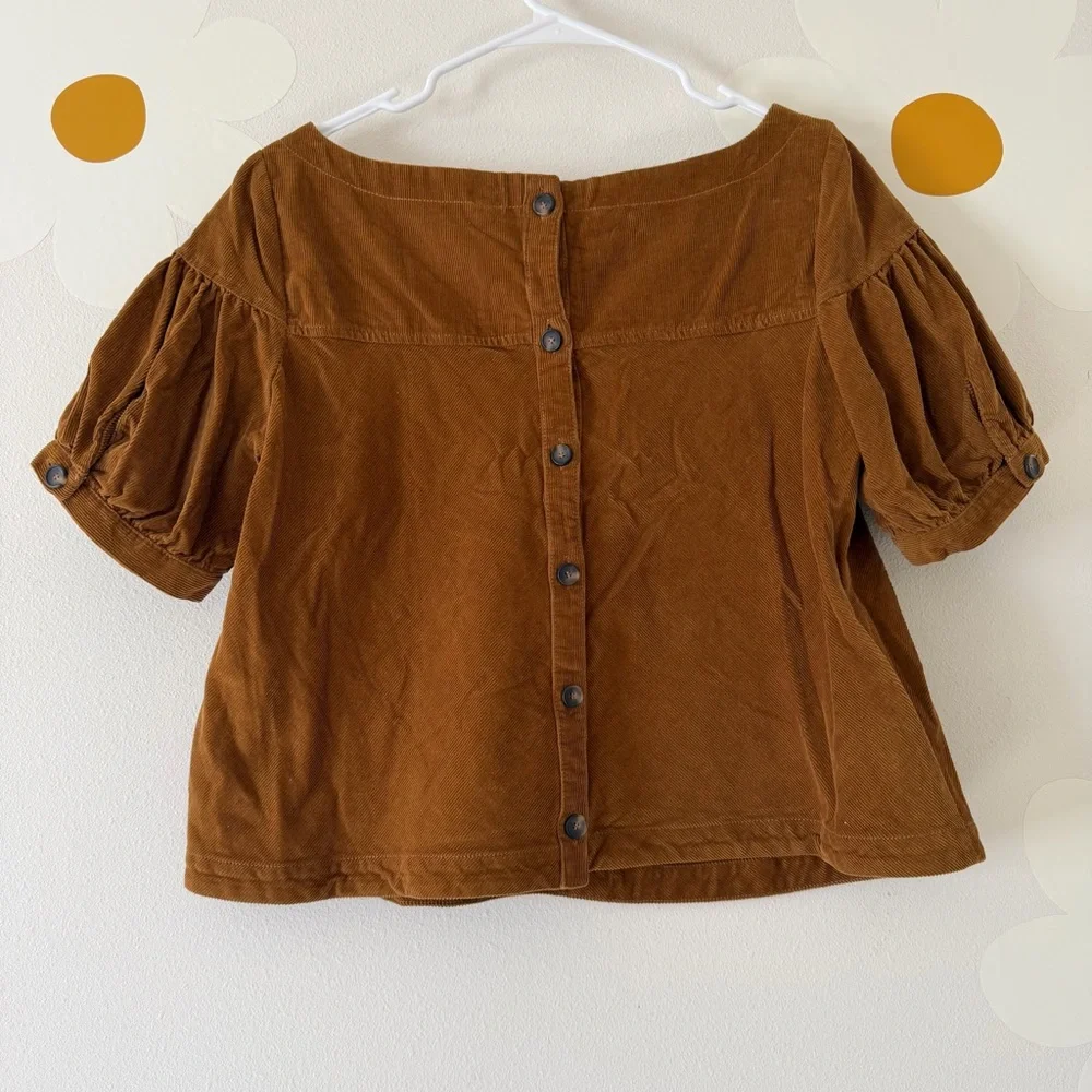 Free People Brown Corduroy Button Back Puff Boat Neck Top -Cording Around Blouse